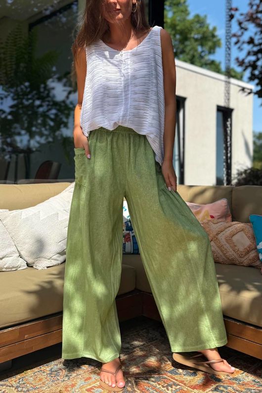Rustic Nature Linen Blend Pocket Pleat Wide Leg Washed Lawn